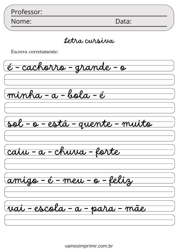 Caligrafia para imprimir: Atividades em letra cursiva