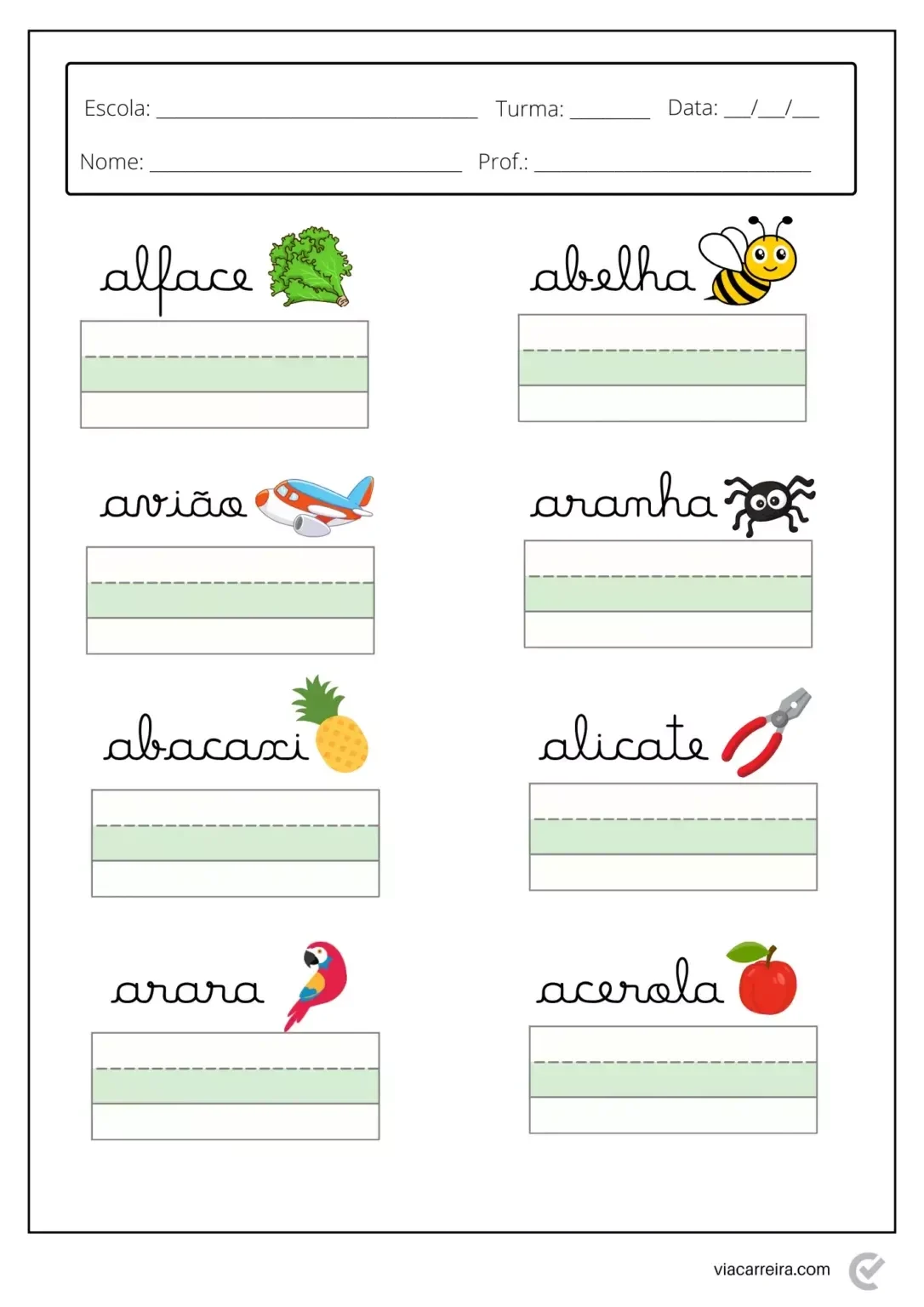 Caligrafia para imprimir com letras cursivas e ilustrações
