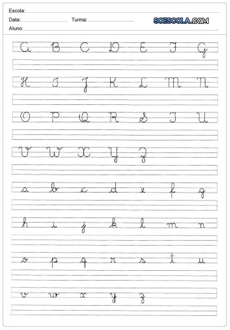 Caligrafia para imprimir com letras cursivas para estudantes