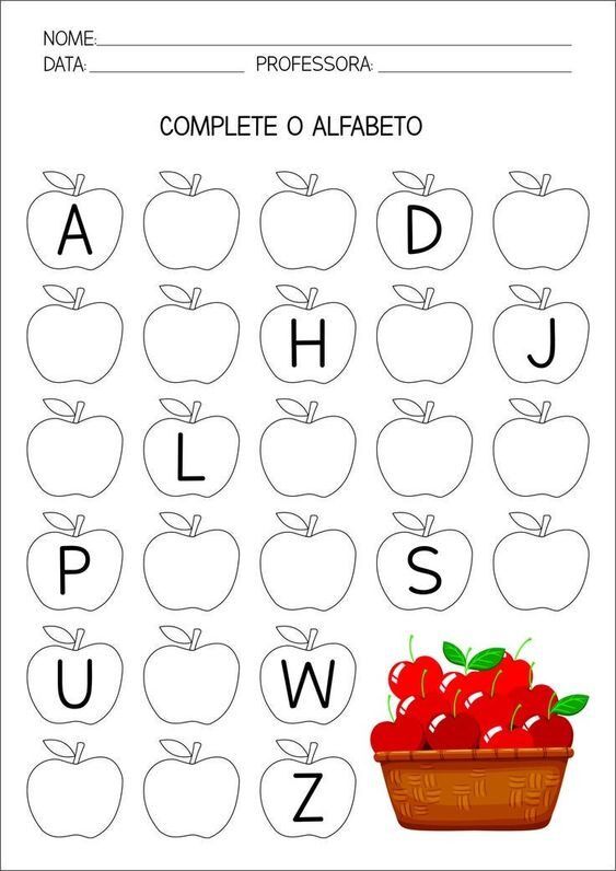 Caligrafia para imprimir com maçãs e letras do alfabeto