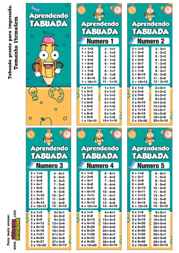Cartões educativos de tabuada para imprimir e aprender