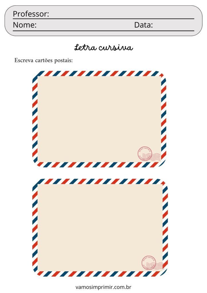 Cartões postais de caligrafia para imprimir em letras cursivas