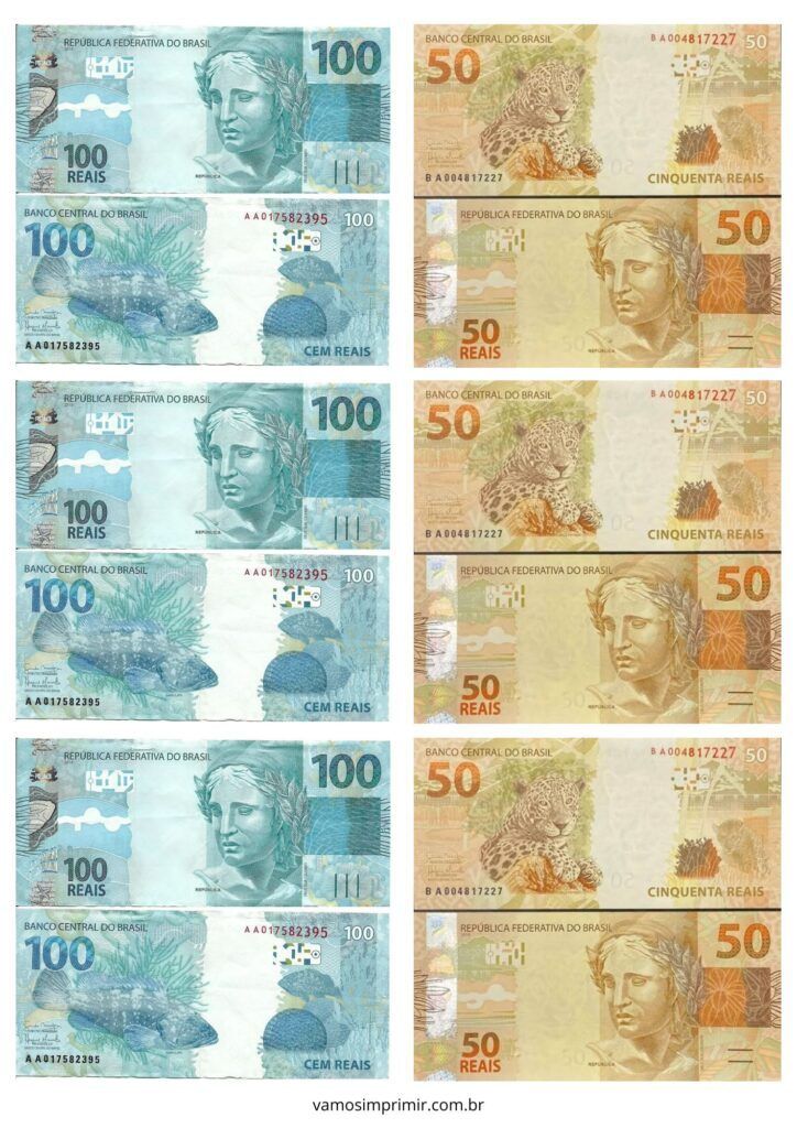 Cédulas de dinheiro de brinquedo 100 e 50 reais