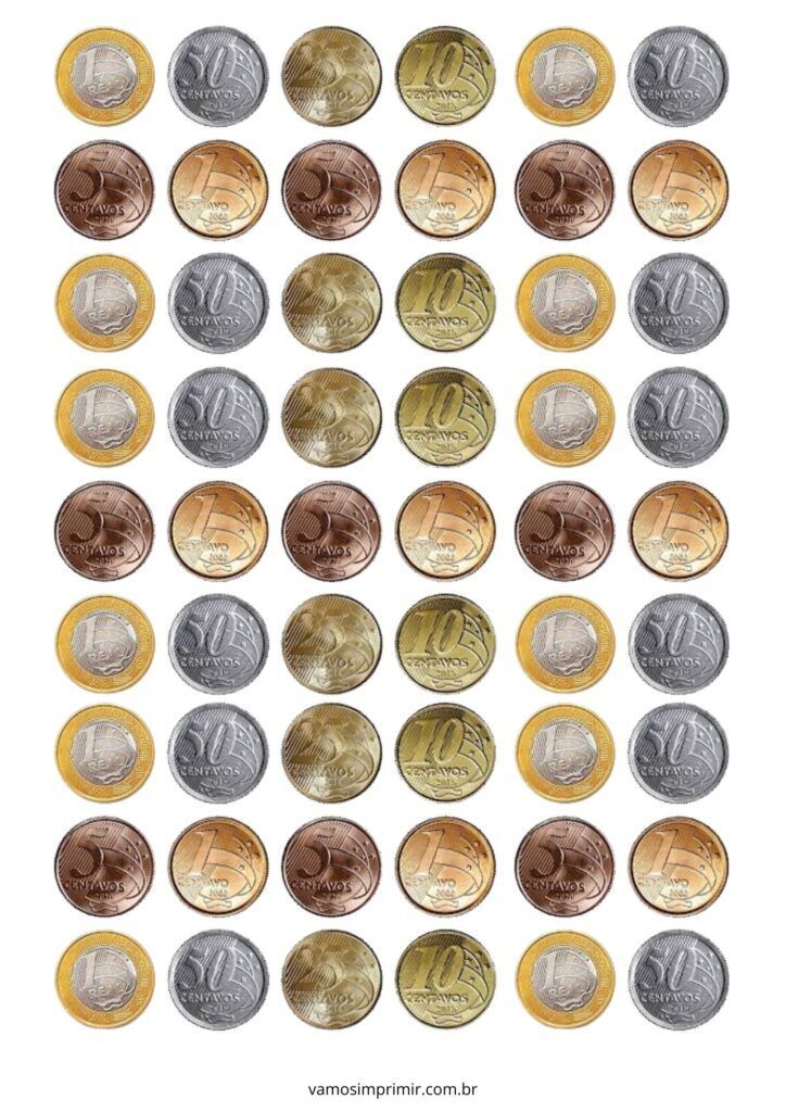 Coleção de Moedas de Brinquedo Coloridas e Brilhantes