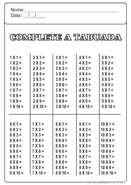 Complete a Tabuada para imprimir com exercícios de multiplicação