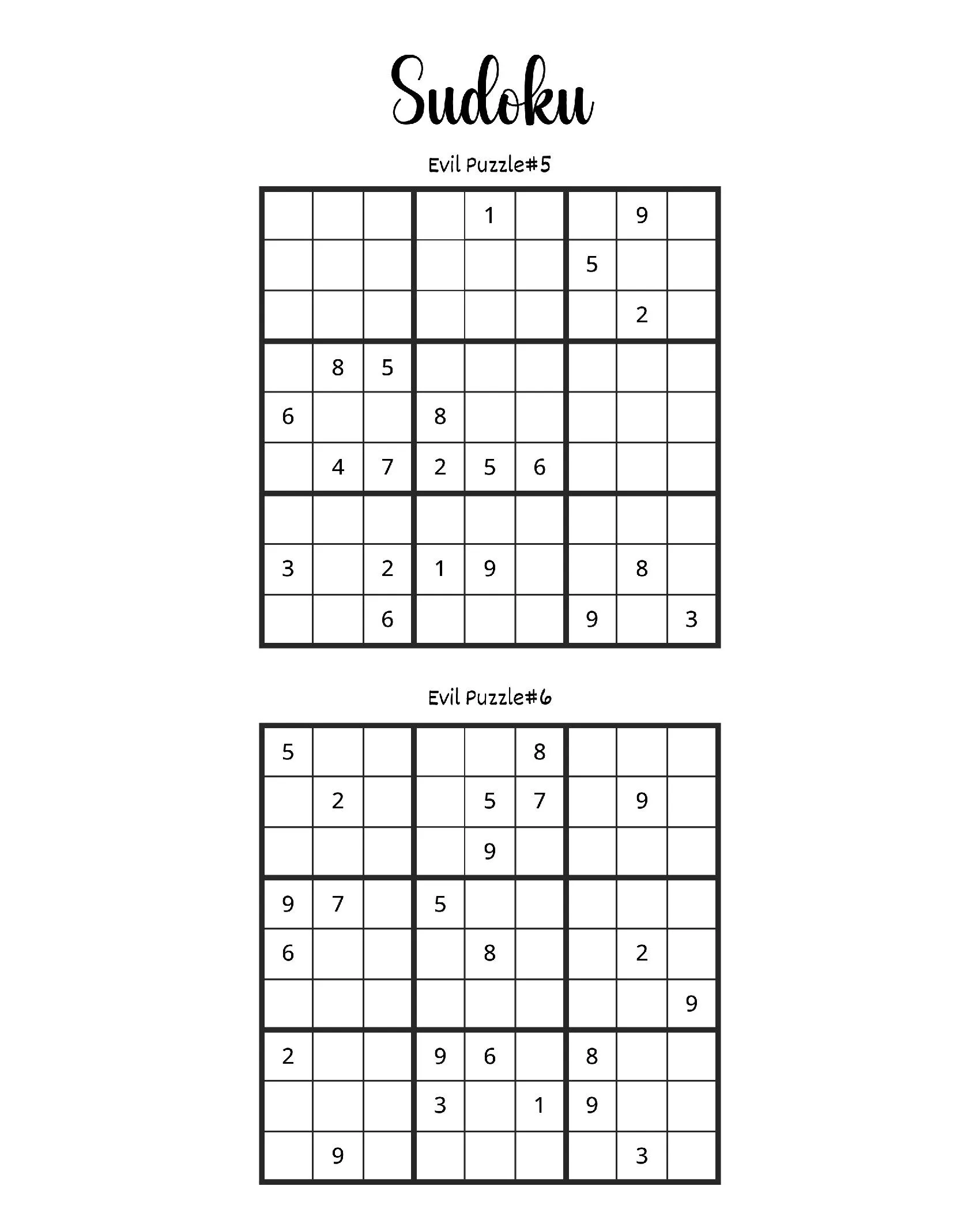 Desafios de Sudoku para Imprimir - Evil Puzzle #5 e #6