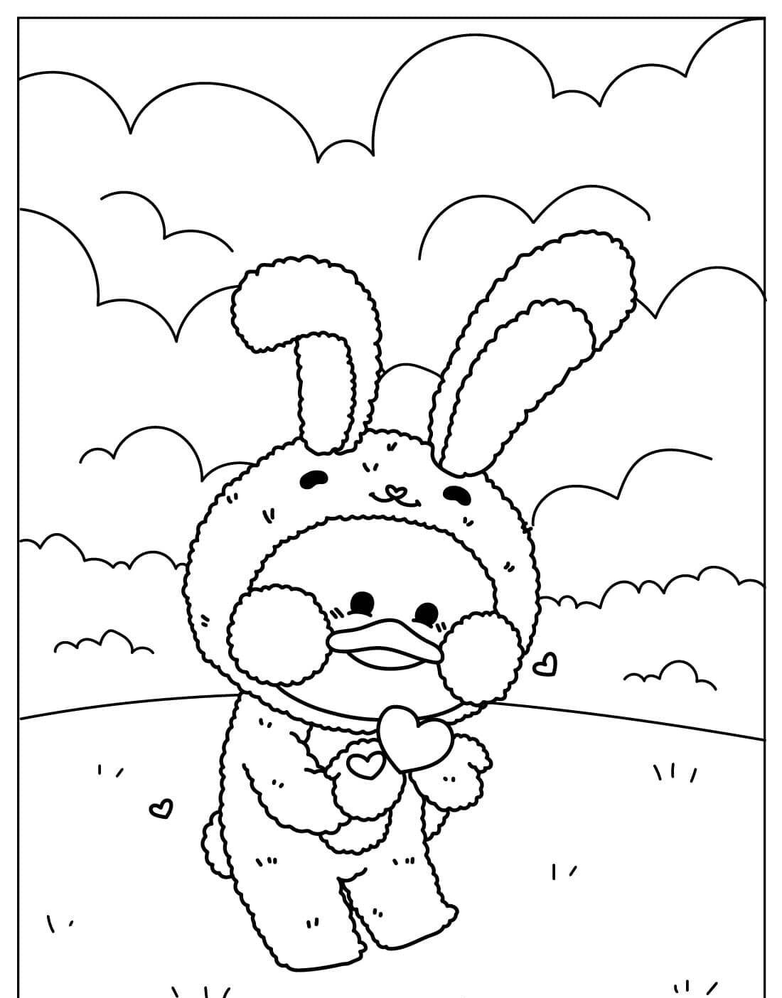 Desenho de Pato Fantasiado de Coelho para Colorir