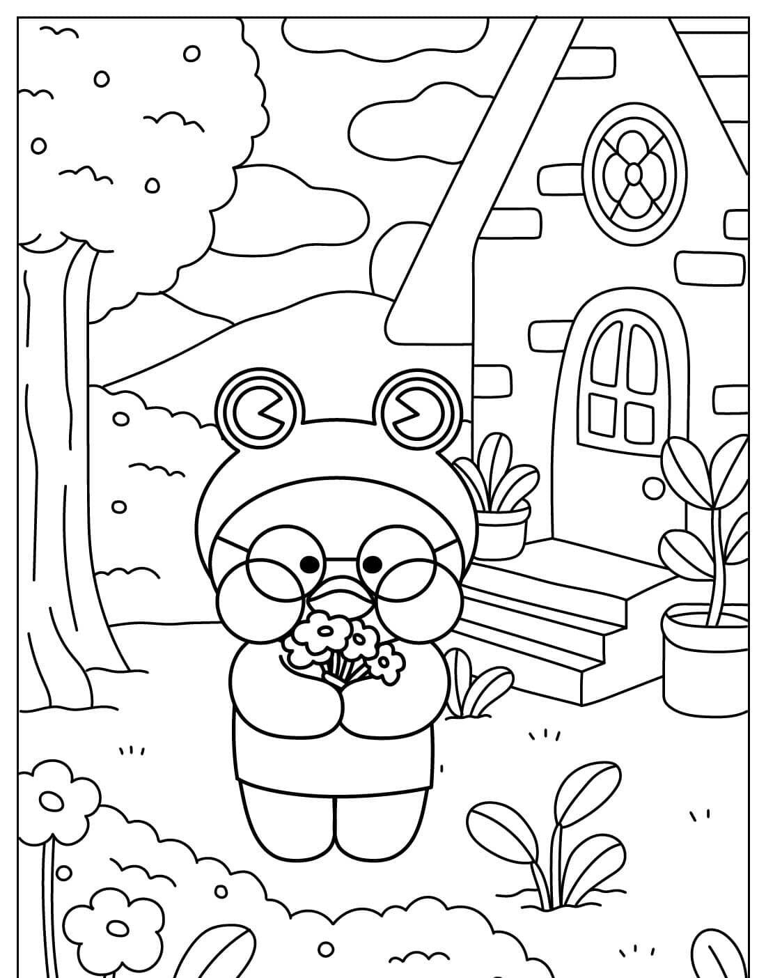 Desenho de Personagem com Flores e Casa para Colorir