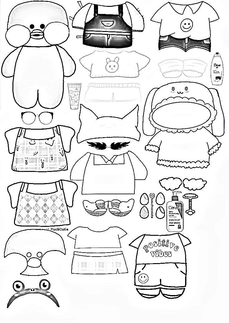 Desenhos para Colorir de Pato de Papel com Roupas e Acessórios