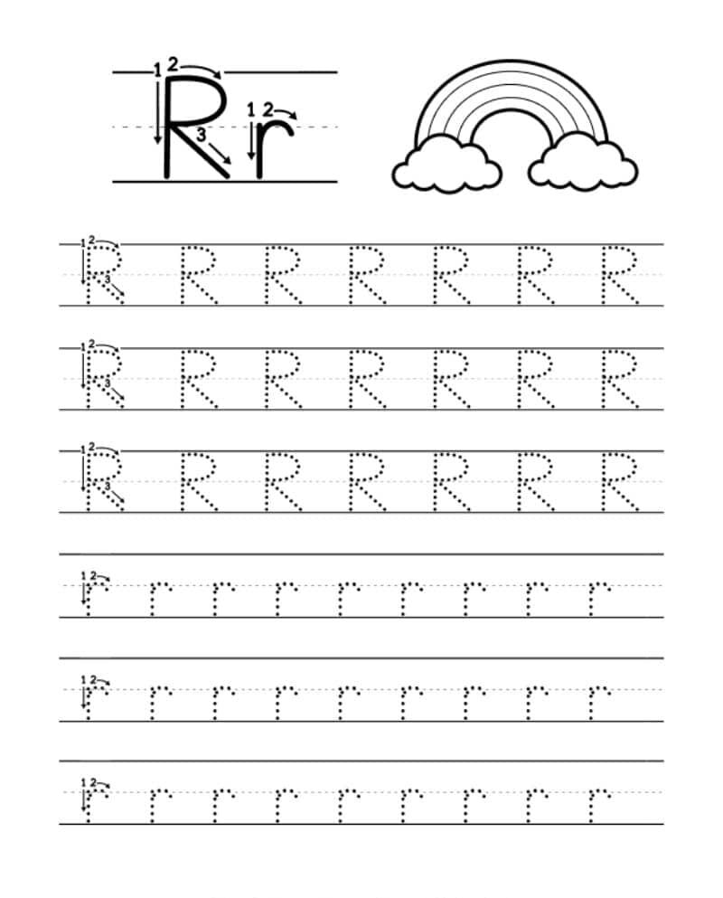 Exercício de Escrita da Letra R em Pontilhado para Imprimir