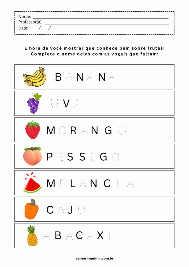 Exercícios de Caligrafia para Crianças - Frutas para Imprimir