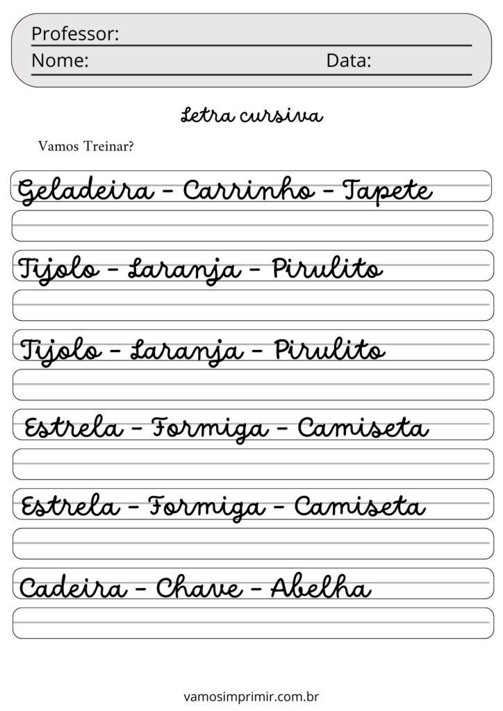 Exercícios de Caligrafia para Imprimir em Letra Cursiva