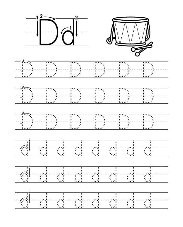 Exercícios de Escrita da Letra D em Pontilhado para Imprimir