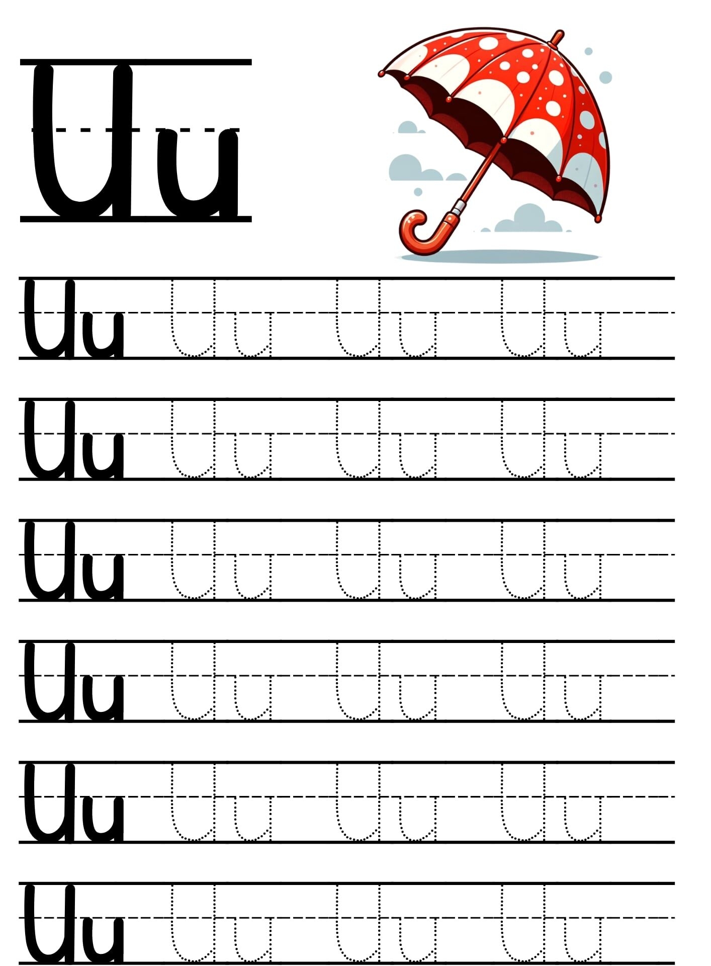 Fichas de Alfabeto em Pontilhado: Letra U para Imprimir