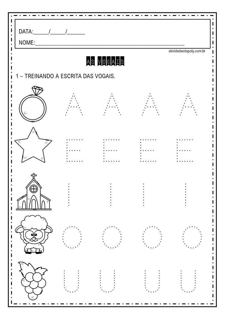 Folha de Atividade de Caligrafia para Treinar Vogais A, E, I, O, U