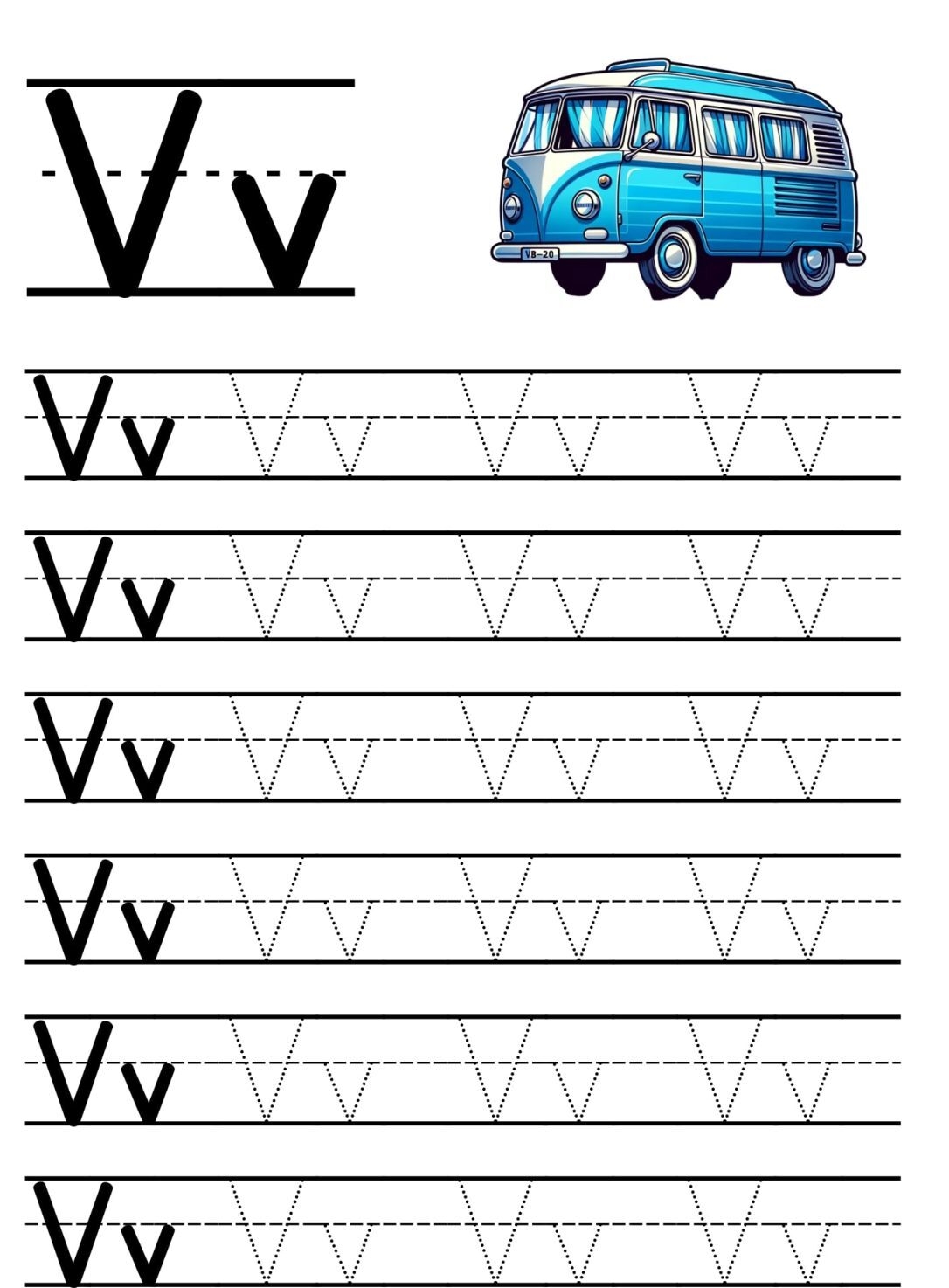 Folha de Atividades da Letra V em Pontilhado para Imprimir