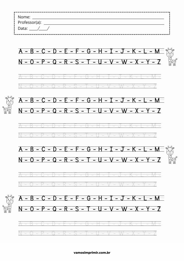 Folha de caligrafia para imprimir com girafas decorativas