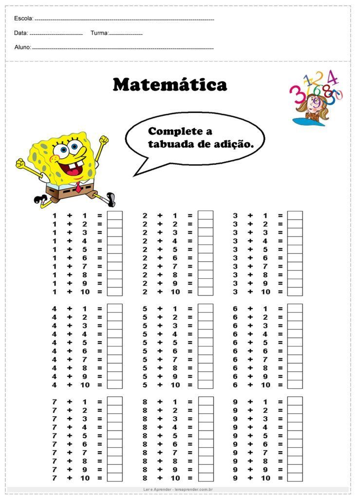 Folha de exercícios de adição para imprimir e completar