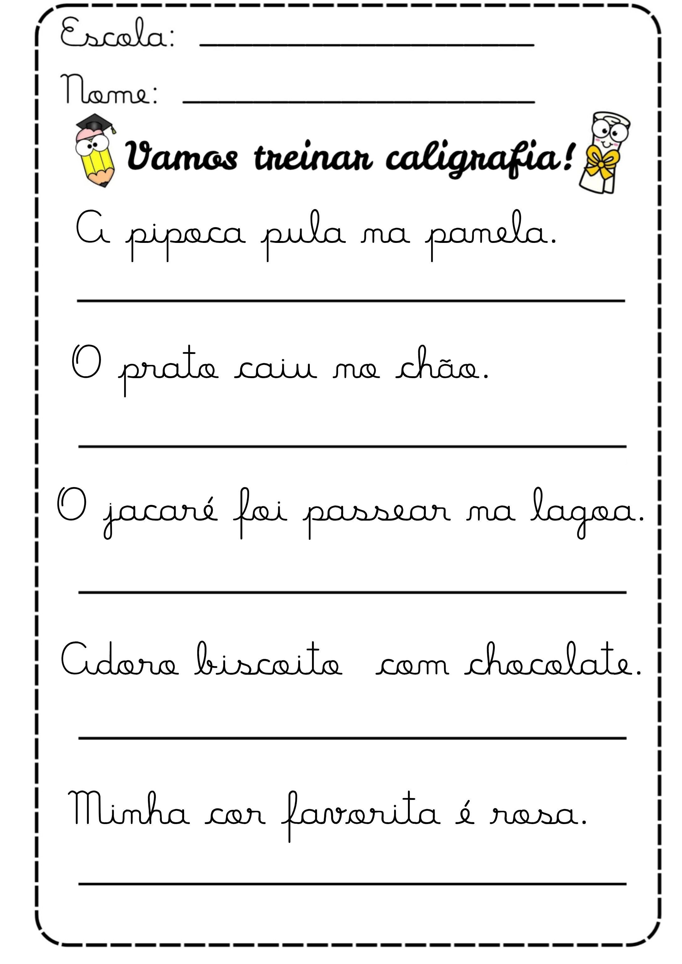 Folha de exercícios de caligrafia para imprimir em português