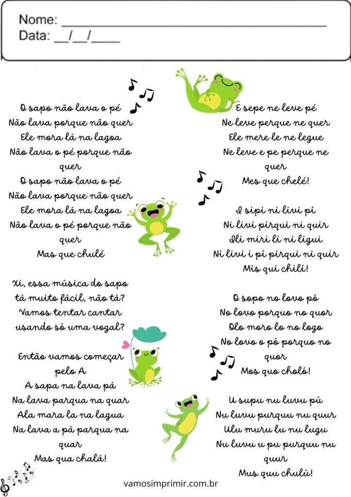 Folha Educativa de Exercícios de Vogais para Crianças com Sapos e Música