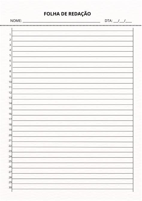Folha Pautada para Redação com Linhas Numeradas em A4