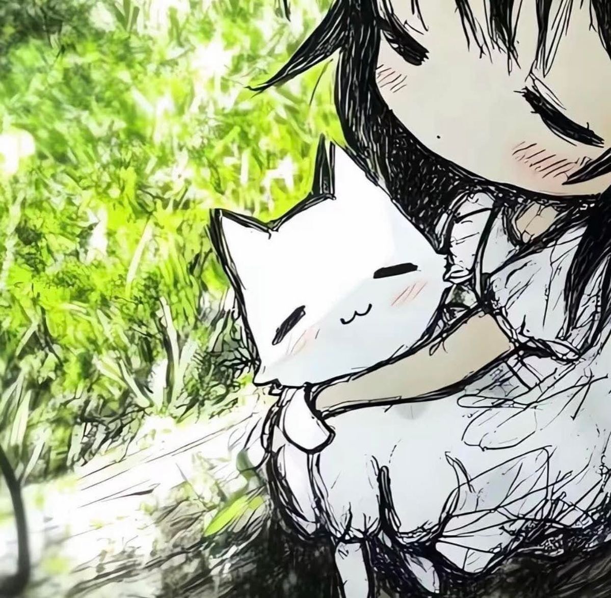 Ilustração de Anime com Menina e Gato Branco