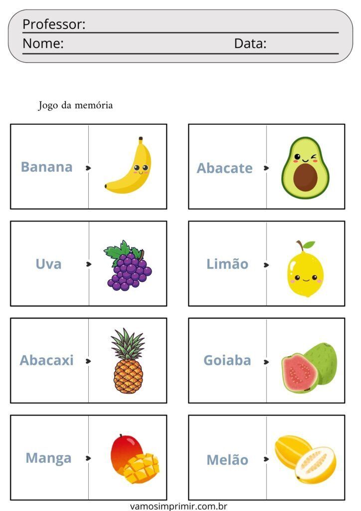 Jogo da Memória com Frutas: Caligrafia para Imprimir