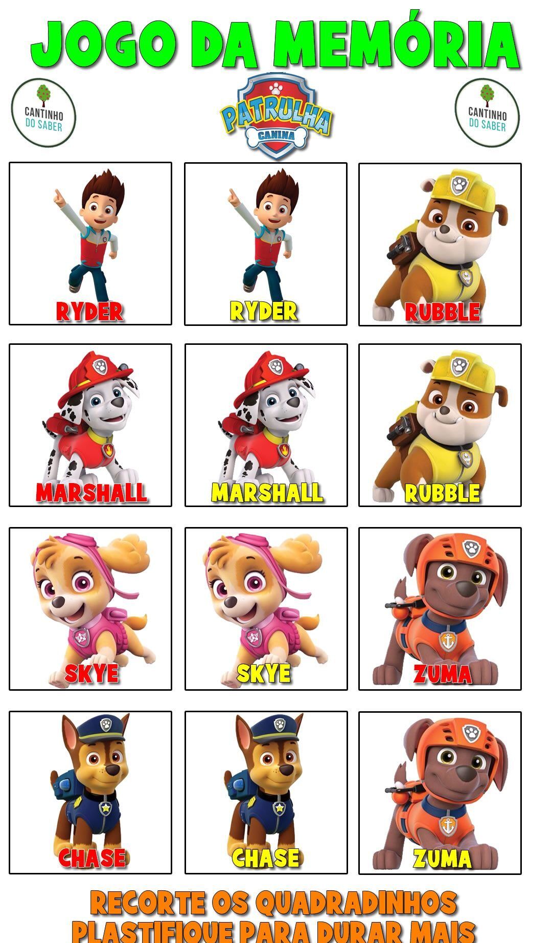 Jogo da Memória da Patrulha Canina para Imprimir
