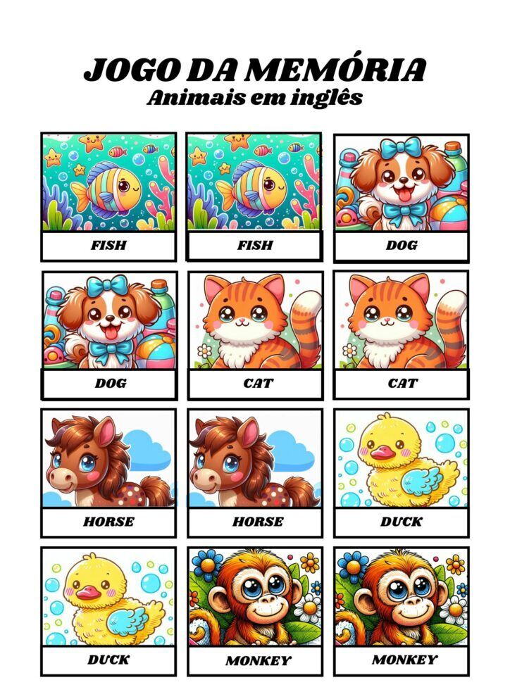 Jogo da Memória para imprimir - Animais em Inglês