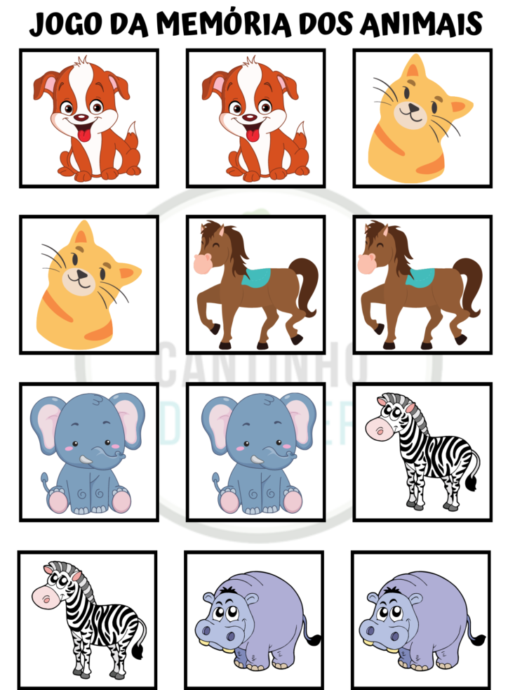 Jogo da Memoria para imprimir com Animais divertidos