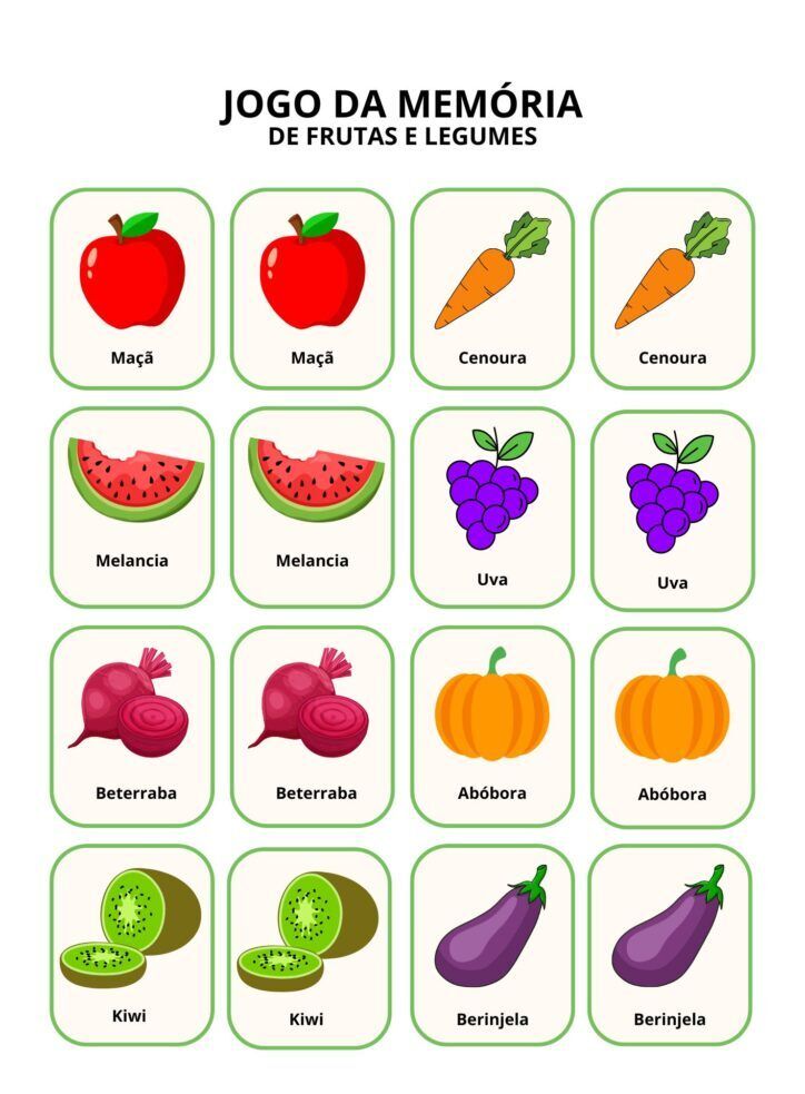 Jogo da Memória para Imprimir com Frutas e Legumes Coloridos