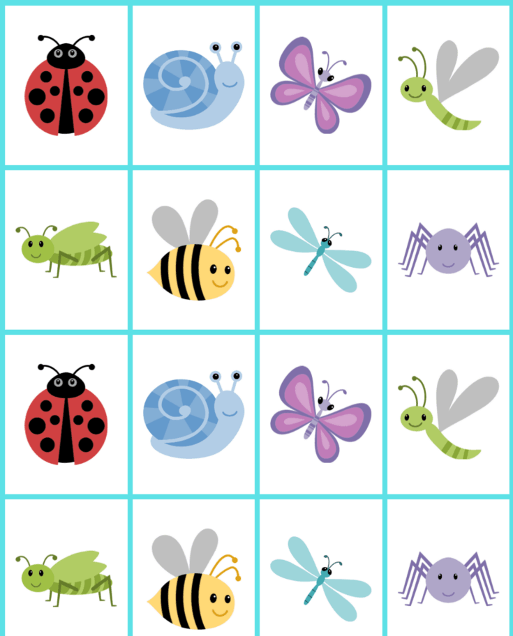 Jogo da Memoria para imprimir com Insetos e Animais Coloridos