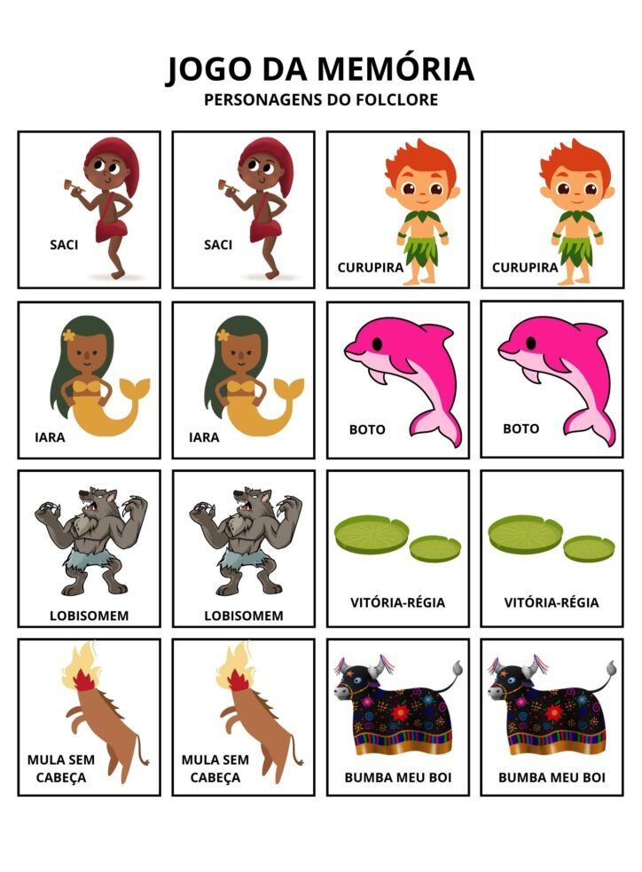 Jogo da Memoria para Imprimir com Personagens do Folclore Brasileiro