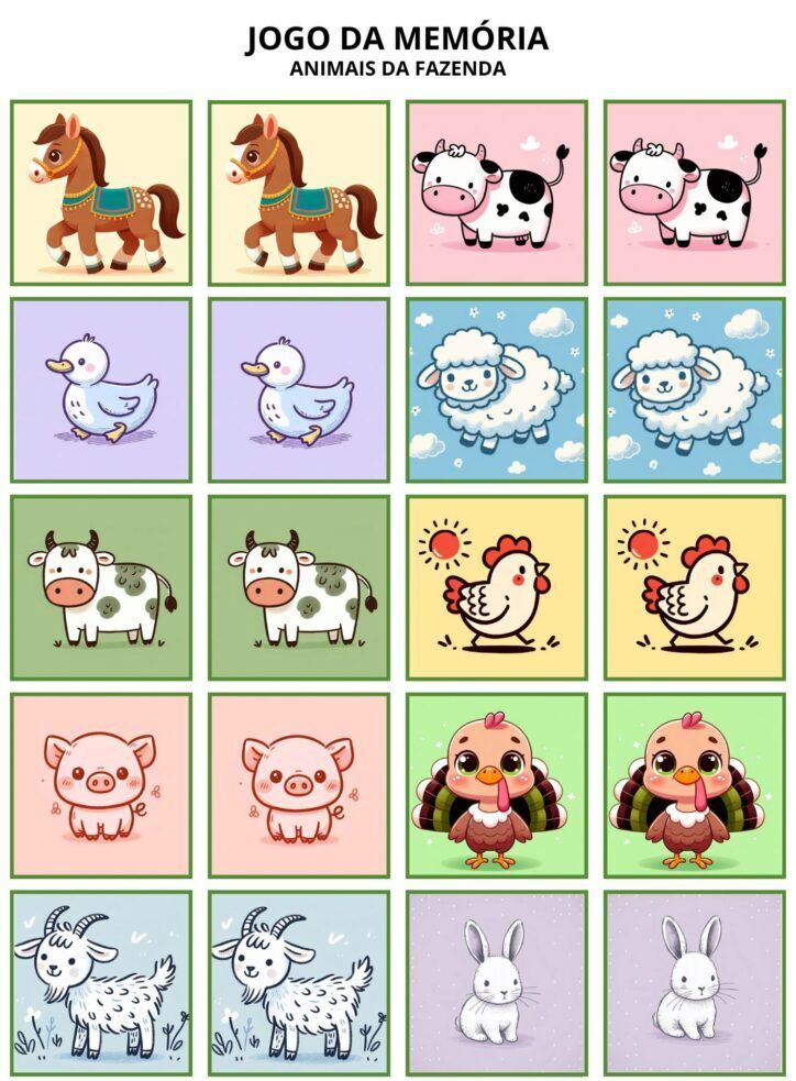 Jogo da Memoria para imprimir sobre Animais da Fazenda
