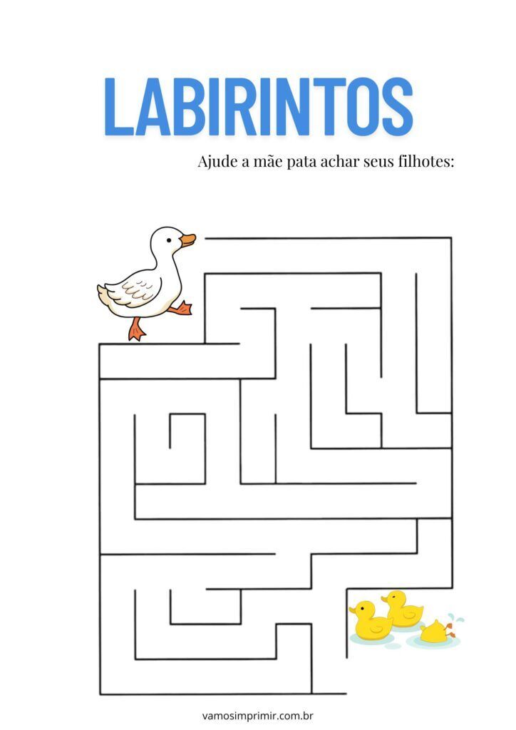 Labirinto para imprimir: Ajude a Mãe Pata a Encontrar seus Filhotes