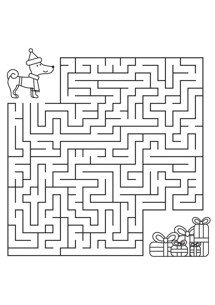 Labirinto para imprimir: Ajude o cachorro a encontrar os presentes