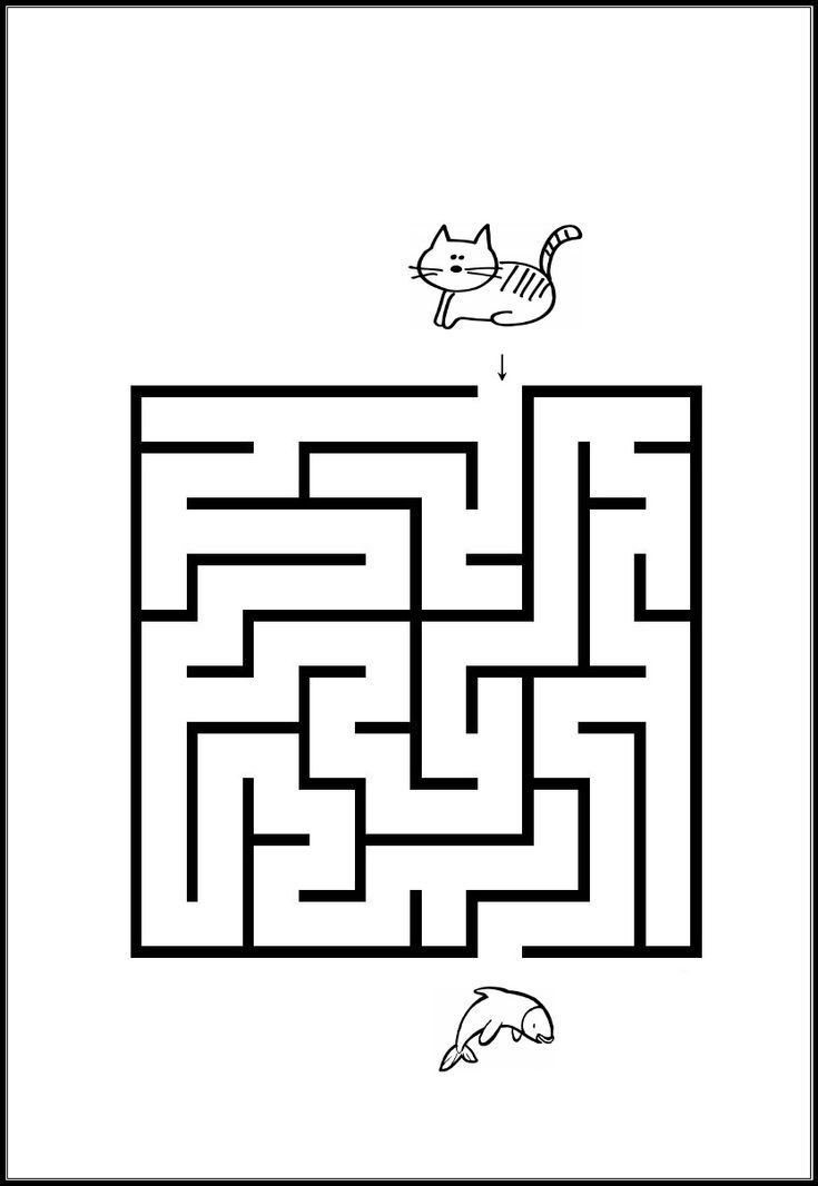Labirinto para imprimir: Ajude o gato a encontrar o peixe