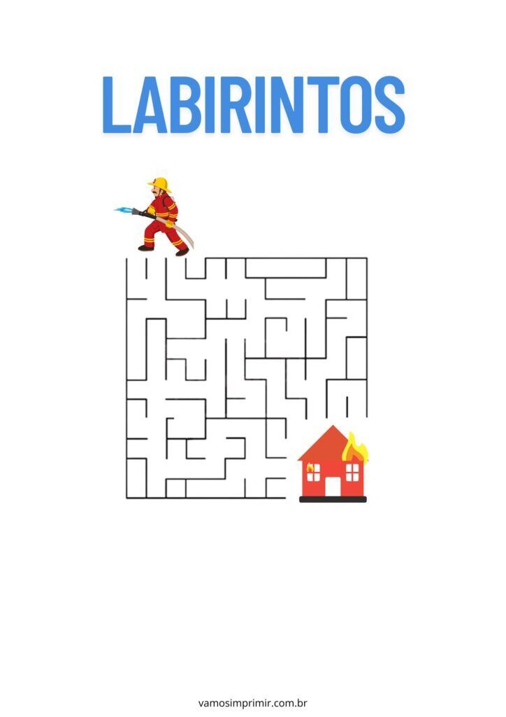 Labirinto para Imprimir com Bombeiro e Casa em Chamas