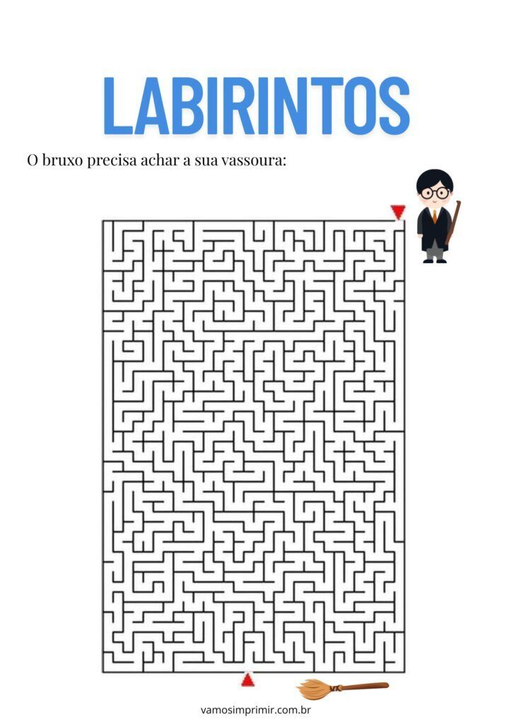 Labirinto para imprimir com bruxo e vassoura - Desafio divertido
