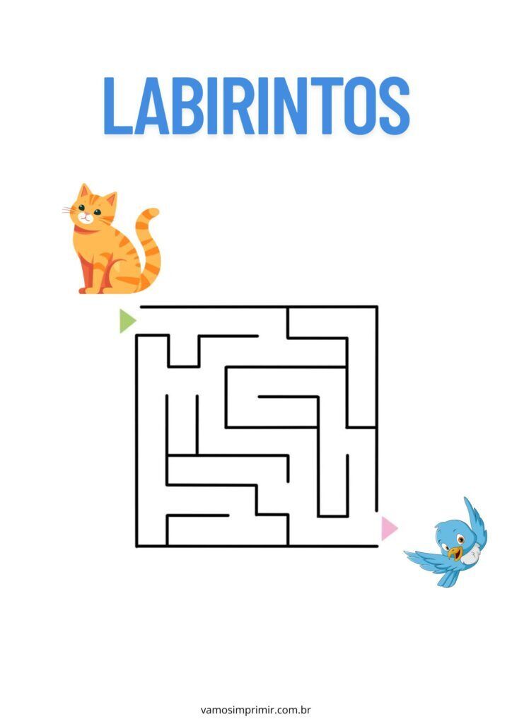 Labirinto para imprimir com gato e pássaro: diversão educativa