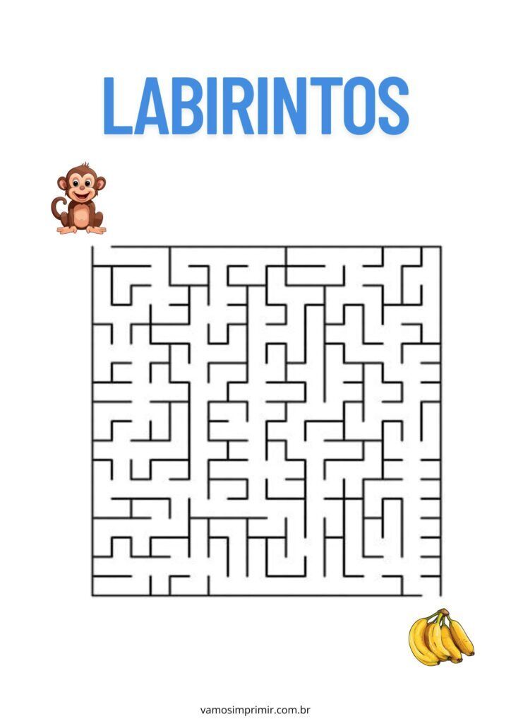 Labirinto para Imprimir Com Macaco e Bananas - Atividade Divertida