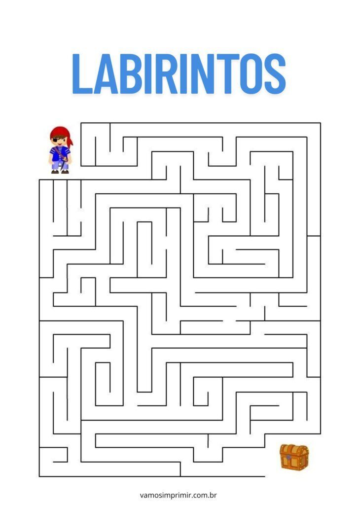 Labirinto para Imprimir com Pirata e Baú de Tesouro para Crianças