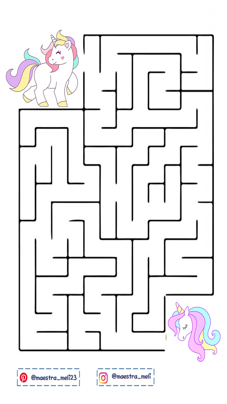Labirinto para imprimir com unicórnios coloridos para crianças