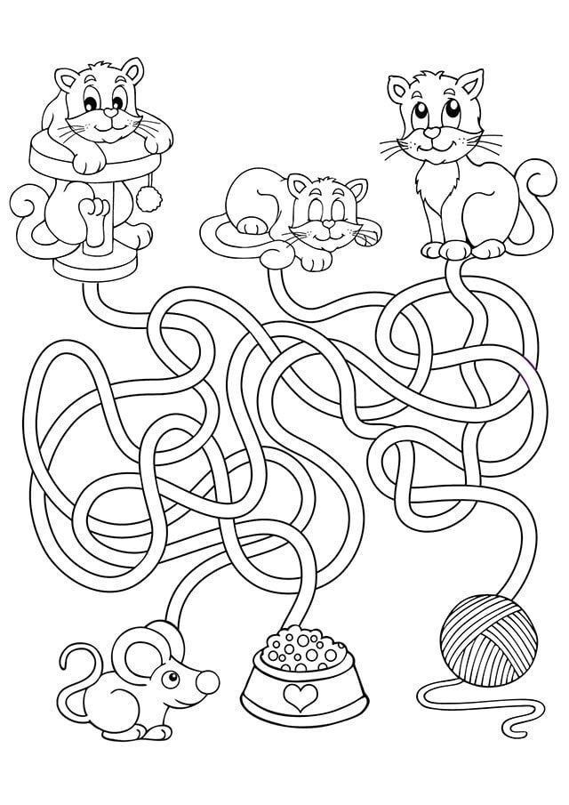 Labirinto para imprimir infantil com gatos e objetos divertidos