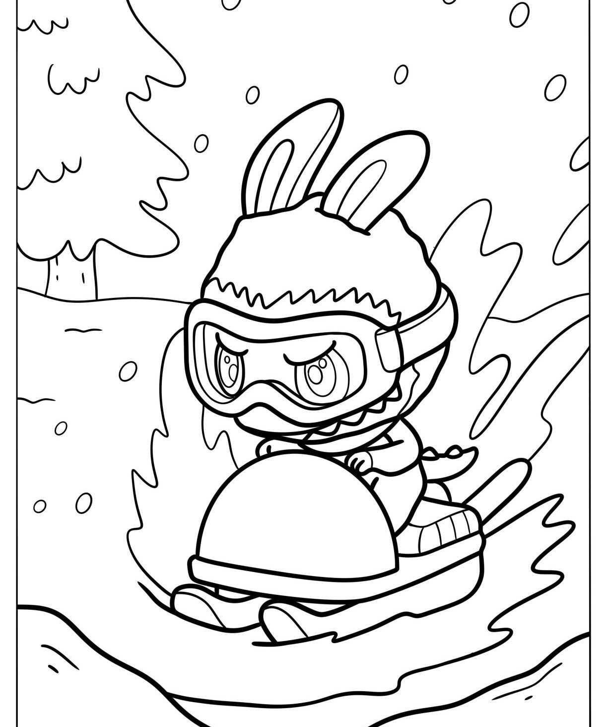 Labubu Descendo a Neve em um Trenó para Colorir