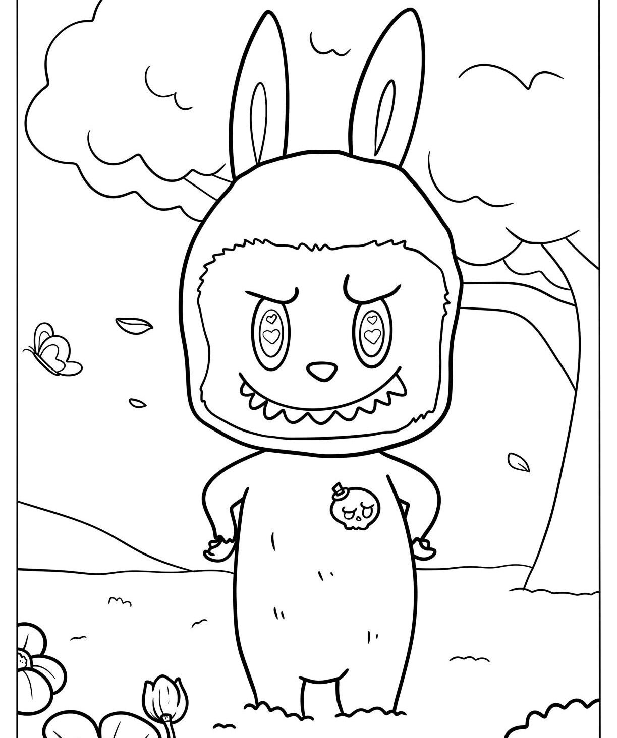Labubu para Imprimir e Colorir com Cenário Natural