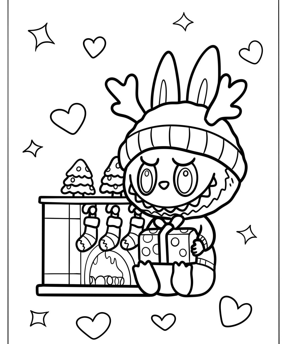 Labubu para Imprimir e Colorir com Presente e Coracoes