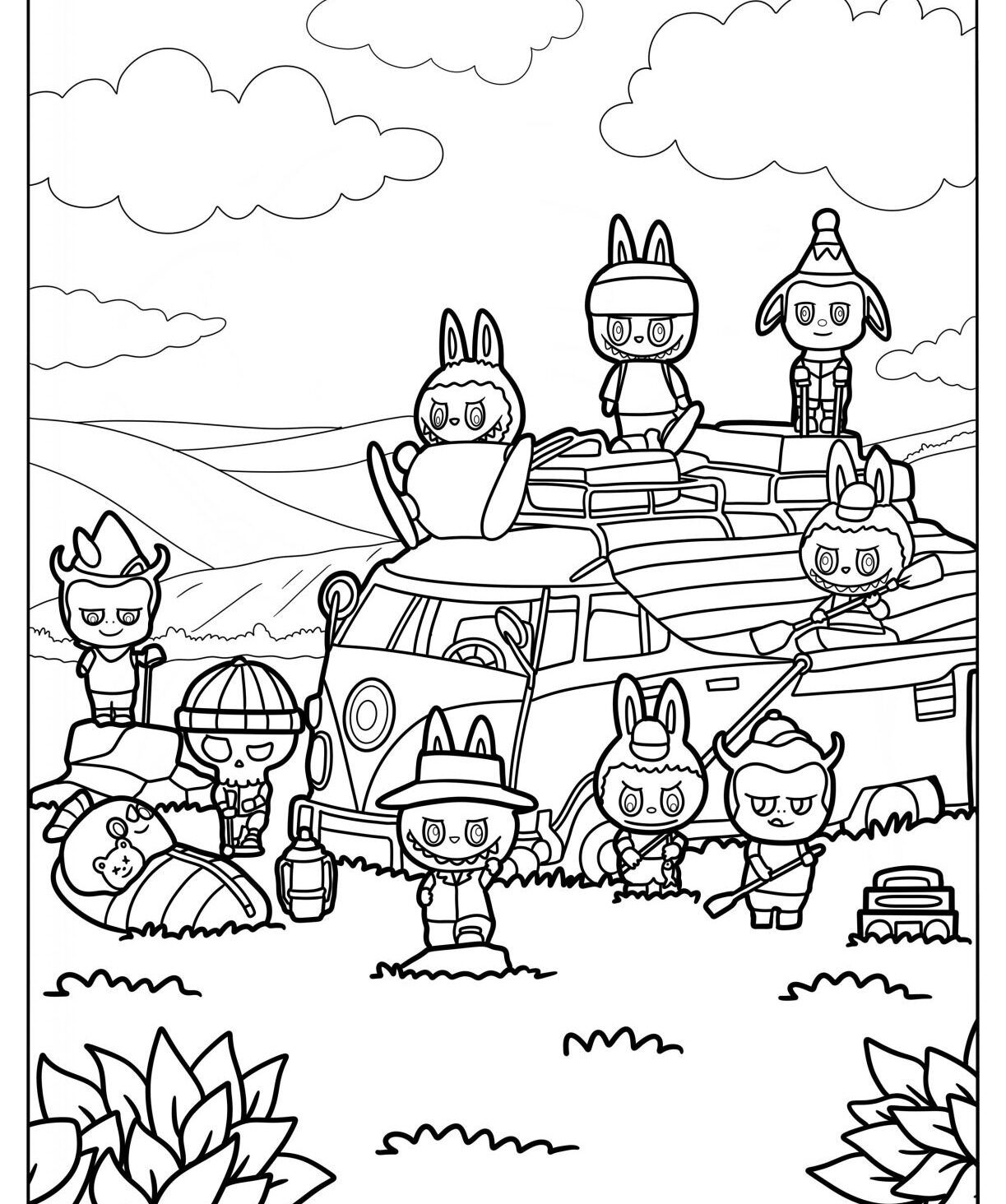 Labubu para Imprimir e Colorir em Cenário Aventureiro