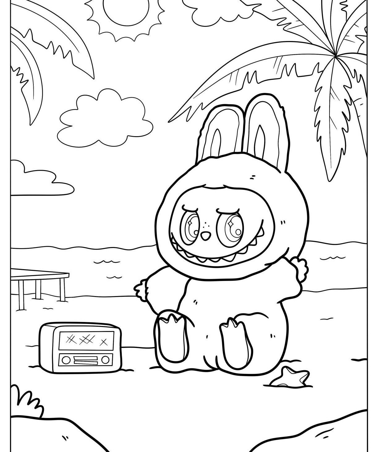 Labubu para Imprimir e Colorir na Praia Divertida