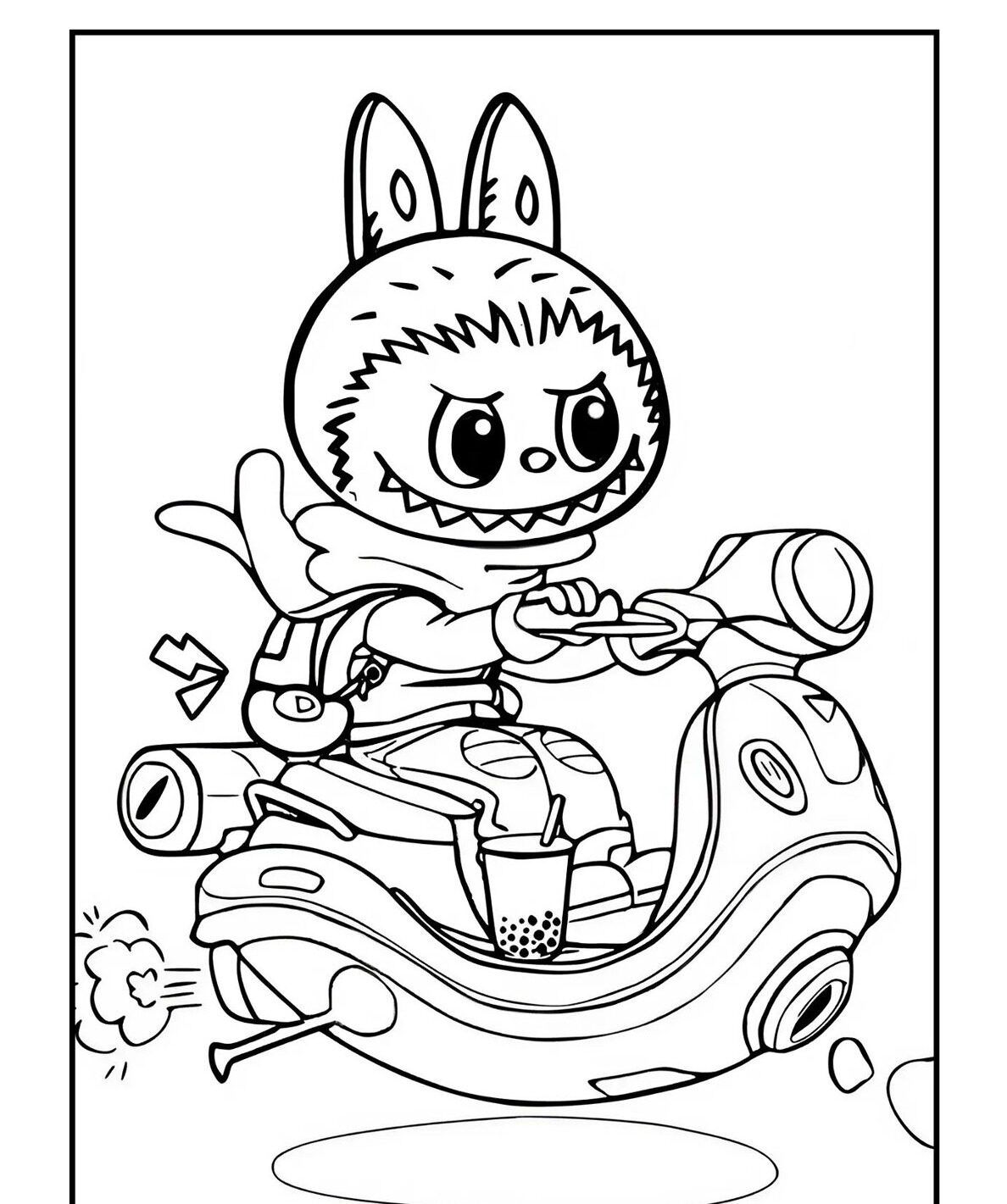 Labubu Pilotando Motocicleta para Imprimir e Colorir